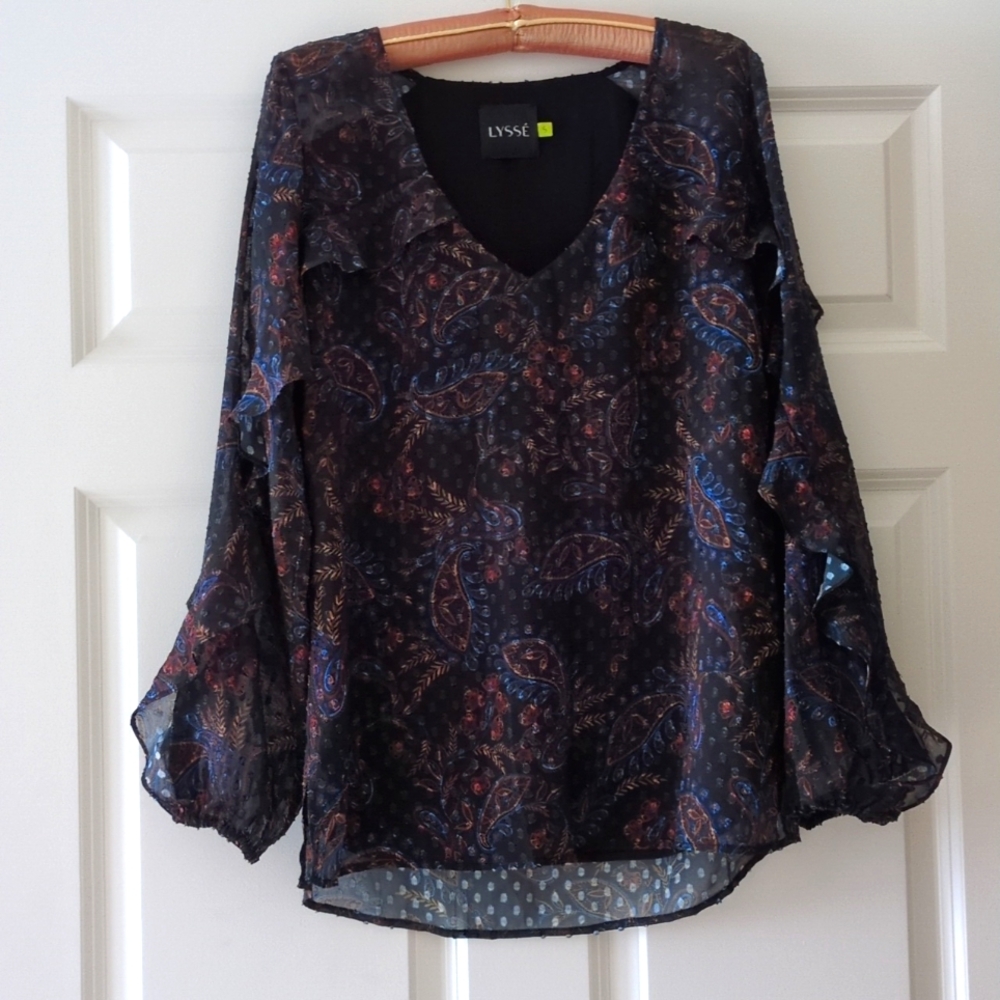 Lysse top sheer lined V neck black ruffle details Dark Romantic S